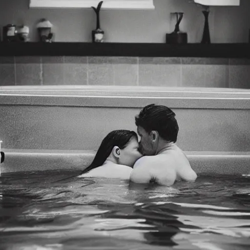 Prompt: two lovers a man and woman in the tub kissing