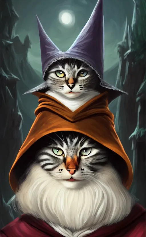 Prompt: matte oil painting of a bipdel cat wearing long wizard robes, anthropomorphic cat wearing a big wizard hat, dnd, character reveal, magic, posing, full body portrait, high resolution, detailed, inspiring, award - winning, clear, crisp, sharp