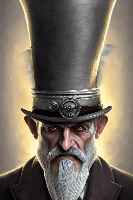 Image similar to silver monocle, portrait of a middle aged grey haired man with a top hat in the style of god of war, golden machine parts, intricate, elegant, highly detailed, digital painting, artstation, concept art, smooth, sharp focus, illustration, art by artgerm and greg rutkowski and alphonse mucha, 8 k