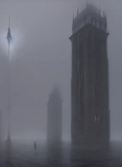 Prompt: a huge white tower, raining, mist by Denis Villeneuve, greg rutkowski and thomas kinkade, Finnian MacManus, Syd Mead, Beksiński, Trending on artstation, black scheme, 8k, wide-angle lens