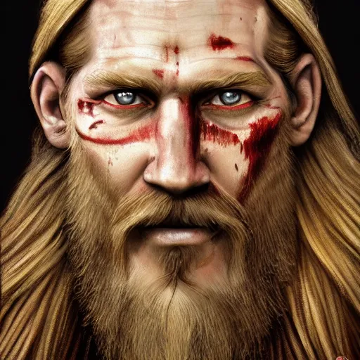 Prompt: an portrait of an happy male viking, long blonde hair, beard, eye scar, lip scar, detailed, centered, digital painting, artstation, concept art, donato giancola, Joseph Christian Leyendecker, WLOP, Boris Vallejo, Breathtaking, 8k resolution, extremely detailed, beautiful, establishing shot, artistic, hyperrealistic, beautiful face, octane render