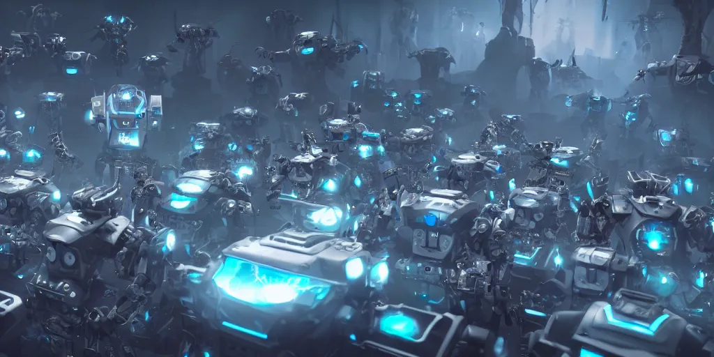 Image similar to an army of evil, malevolent, robot mechincal owls surrounded by computers and computer screens. this 4 k hd image is trending on artstation, featured on behance, well - rendered, extra crisp, features intricate detail and the style of unreal engine. volumetric lighting