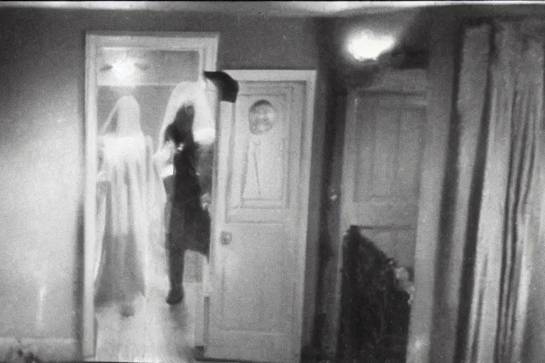 Image similar to enfield haunting 1 9 7 7, photo real, ghosts, bedroom, seance, creepy, 7 0 s, realistic