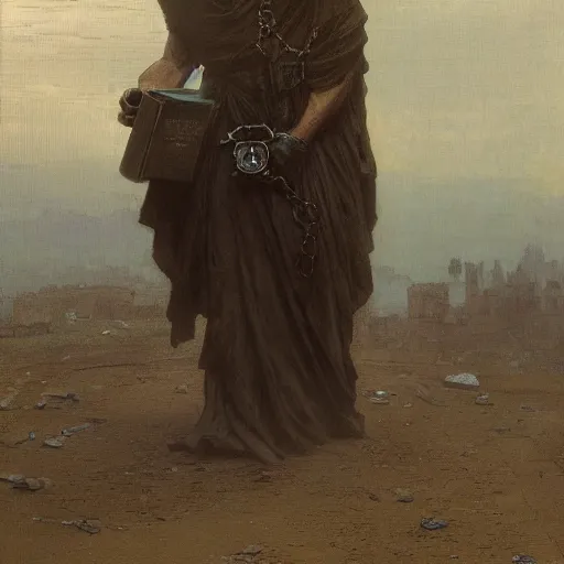 Image similar to half portait of magican wearing a closed cowl holding a big old book! with chains on his wrist, jeremy mann, jean leon gerome, alphonse mucha, greg rutkowski, hood covers his eyes, ( ( ruins of ancient rome ) ), at dusk, mysterious atmosphere, sunrays, dof, masterpiece, high detailed, 8 k