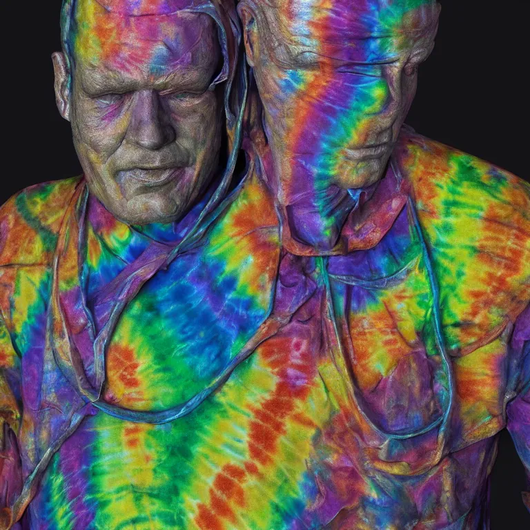 Prompt: octane render portrait by wayne barlow and carlo crivelli and glenn fabry, a giant shiny smooth reflective colorful tie - dye chrome statue of a handsome face inside a giant massive dramatic cavernous art gallery, cinema 4 d, ray traced lighting, very short depth of field, bokeh