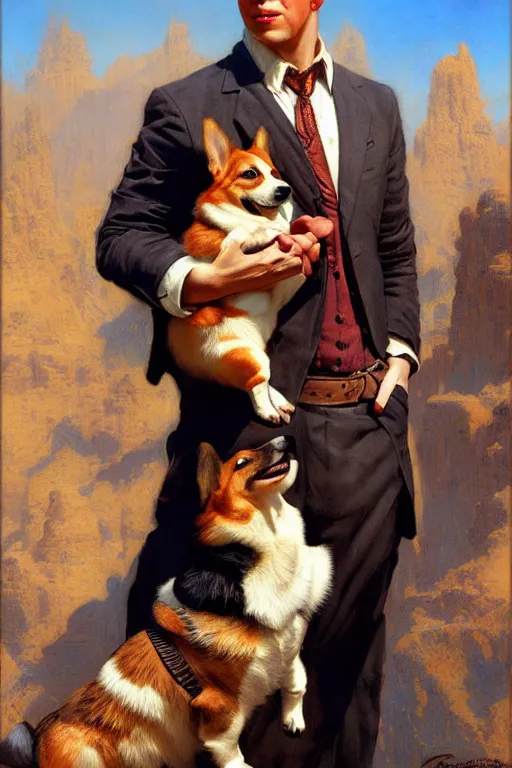 Image similar to attractive man holding a corgi matte painting by gaston bussiere, craig mullins, j. c. leyendecker, tom of finland