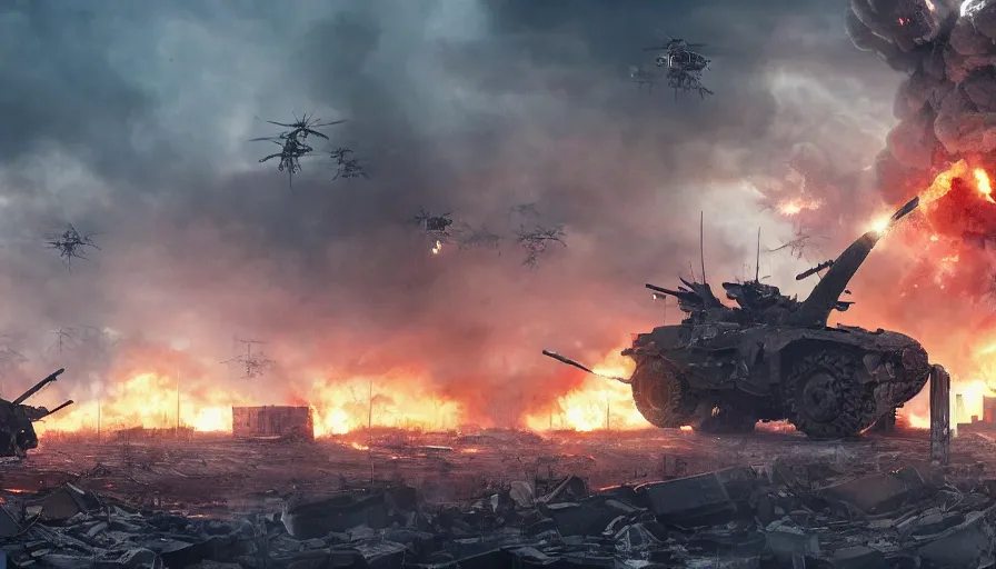 Prompt: Cinematic view of soldiers in a battlefield firing missiles at giant spider in a destroyed city at day, fire and ashes, smoke columns, tanks and helicopters, apocalypse, wide view, hyperdetailed, artstation, cgsociety, 8k