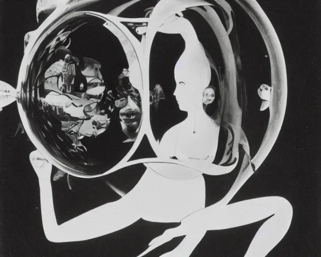 Image similar to a vintage black and white photo of a woman in a fish bowl, a surrealist sculpture by Claude Cahun, tumblr, art nouveau, hall of mirrors, surrealist, 1920