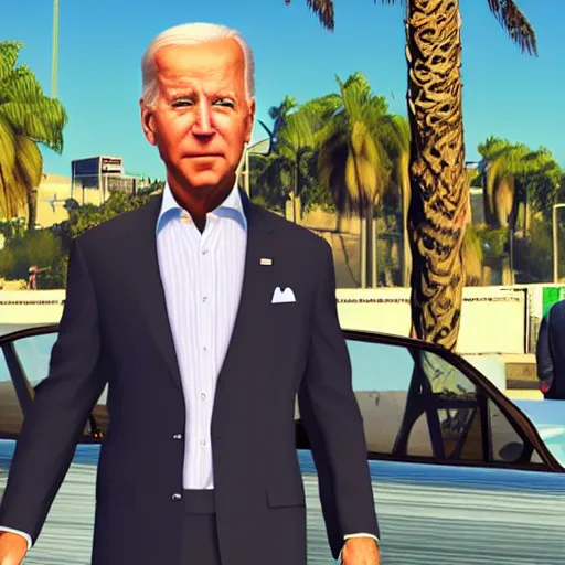 Prompt: Joe Biden in GTA V. Los Santos in the background, palm trees. In the art style of Stephen Bliss