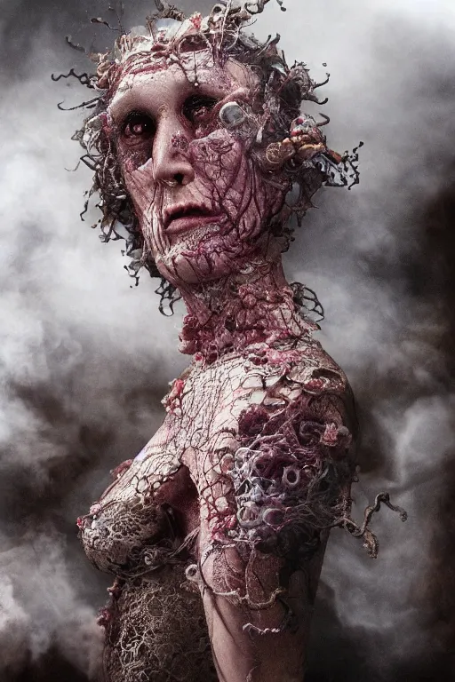 Prompt: 3 5 mm colour, emma bot queen, evil princess, hyperrealism, octane render, weird, odd, strange, creepy, extremely detailed, intricate smoke magic, lace, silk, style of david cronenberg, hyung tae, frank frazetta