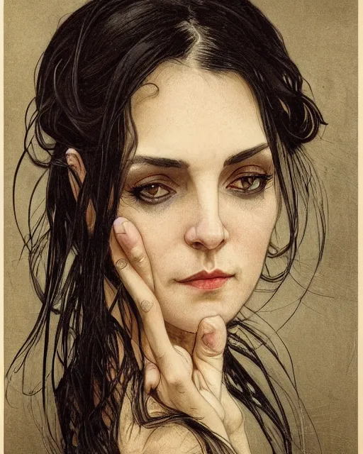 Image similar to portrait of a tall 4 0 - year - old woman with thin lips, long, lush unkempt black hair, and thick eyebrows, wearing in black clothes, hyper realistic face, beautiful eyes, close up, fantasy art, in the style of greg rutkowski, intricate, alphonse mucha, hyper detailed, smooth