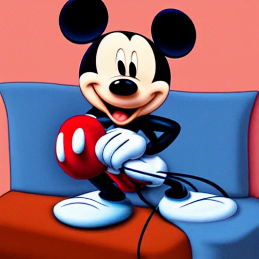 Image similar to mickey mouse with stoned eyes smoking a bong while sitting on a couch, messed apartment, amazing digital art, highly detailed