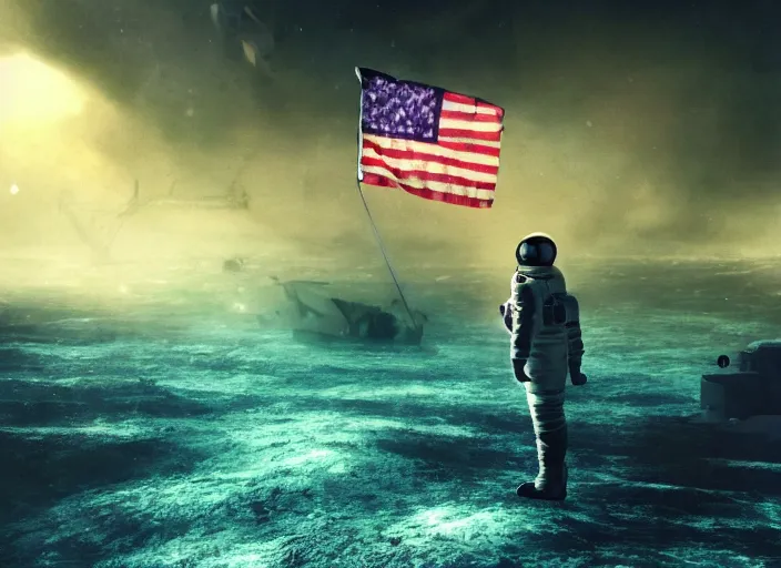 Image similar to astronaut holding a flag in an underwater desert. a submarine is visible in the distance. dark, concept art, cinematic, dramatic, atmospheric, 8 k, trending on artstation, blue, fish, low visibility, light rays, extremely coherent, bubbles, fog, ocean floor, christopher nolan, interstellar