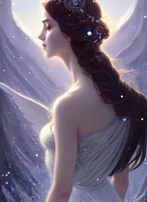 Image similar to a beautiful cinematic female winter goddess, cristal dress, ice wing, galatic shamen with quantum energy fantasy, fantasy magic, undercut hairstyle, dark light night, intricate, elegant, sharp focus, illustration, highly detailed, digital painting, concept art, matte, art by wlop and artgerm and greg rutkowski and alphonse mucha, masterpiece