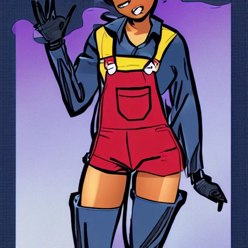 Image similar to a nerdy 17 year old black girl, comic book style, marvel comic book style, wearing overalls, highly detailed, concerned