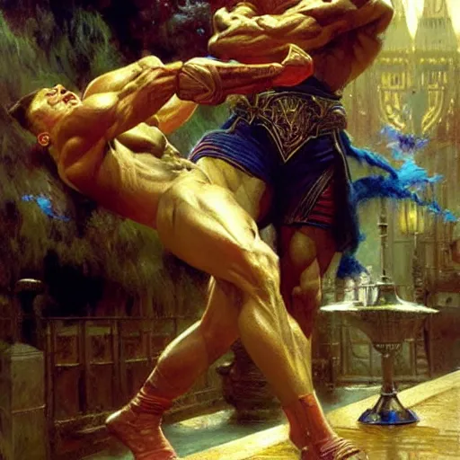 Prompt: stunning master wizard beaten by bodybuilder with bare hands, highly detailed painting by gaston bussiere, craig mullins, j. c. leyendecker, 8 k