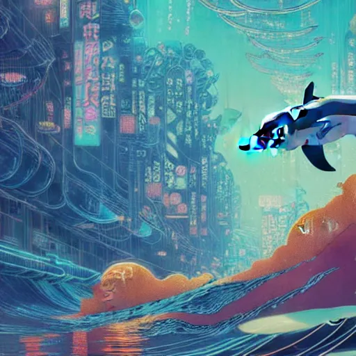 Image similar to a beautiful hyperdetailed character design 4 k wallpaper illustration of a cute dolphin, victo ngai cyberpunk style, from china, style of studio ghibli, makoto shinkai, raphael lacoste, louis comfort tiffany, artgerm, james jean, ross tran, chinese style