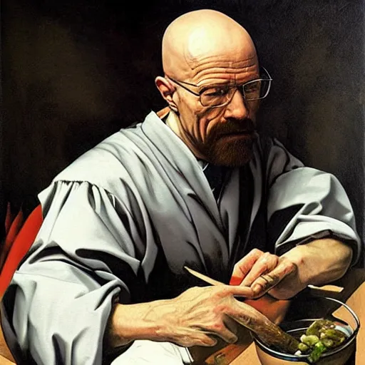 Prompt: Walter White cooking meth, oil painting by Caravaggio