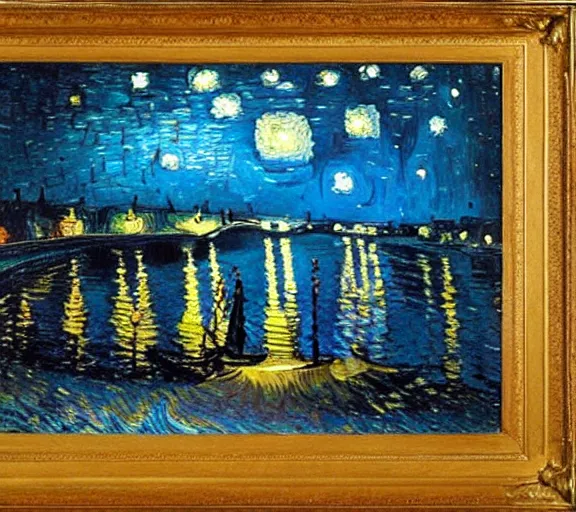 Image similar to Victorian woman singing quietly by a sacred lake at night, bright fire flies, big moon, stars, painted by Vincent van Gogh, Jacques-Louis David detailed