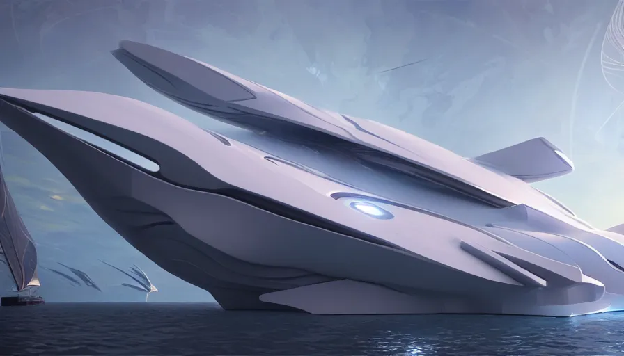 Image similar to a futuristic sport yacht by artgerm and greg rutkowski and alphonse mucha, zaha hadid, volumetric light, detailed, octane render, midsommar