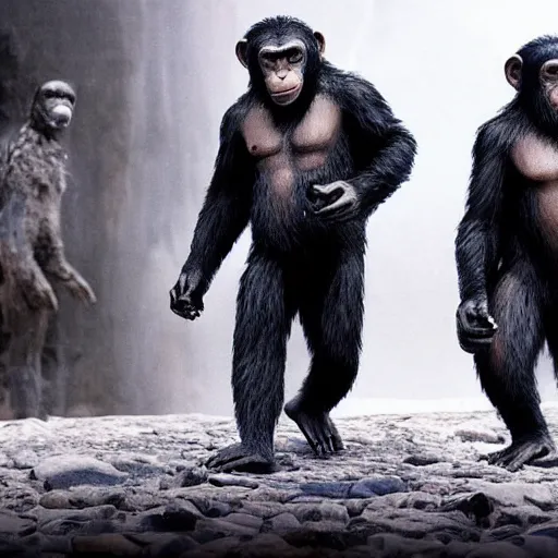 Image similar to planet of the apes but the apes are replaced with robot penguins 4k realistic intricate