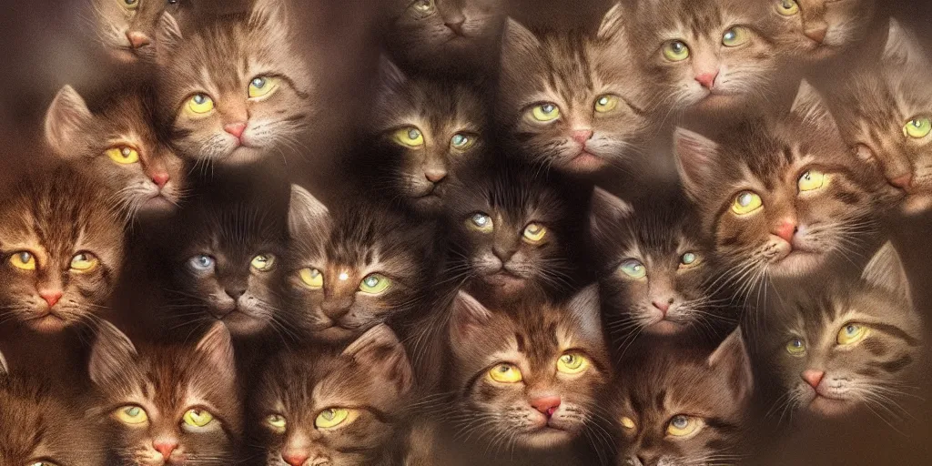 Prompt: of a beautiful group of Hyperrealistic kittens in a dark scary smokey surreal jungle, macro lens, ultra shallow depth of field, highly detailed, digital painting, trending artstation, concept art, vibrant colors, illustration, cinematic lighting, vibrant colors, photorealism, epic, octane render