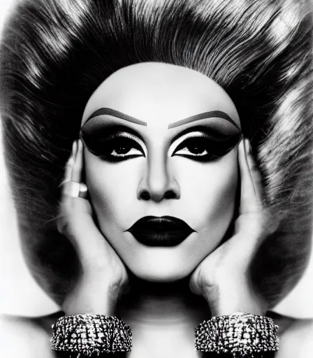 Image similar to a high quality, high detail, portrait of a drag queen by richard avedon, intense look in the eyes, moody, nostalgic