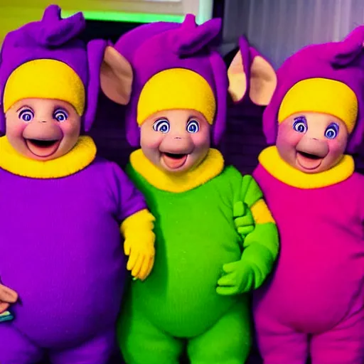 Prompt: Dwarfs dressed as Teletubbies acidwave