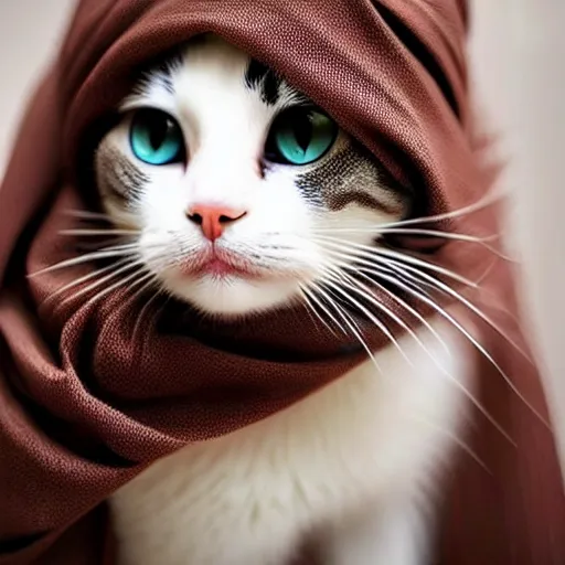 Prompt: cute cat with brown eyes!! wearing hijab!!, beautiful, portrait