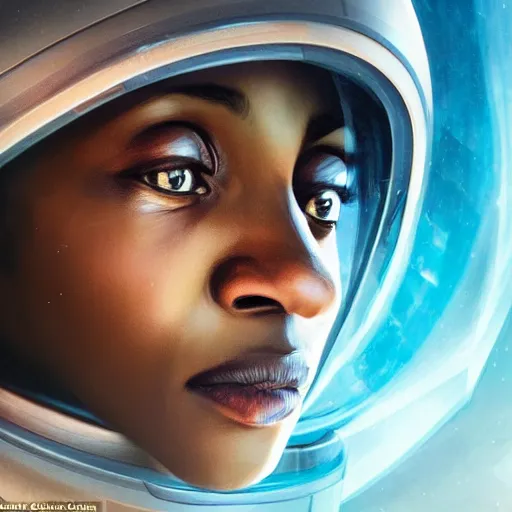 Image similar to A closeup portrait of a Sudanese woman (40), looking directly at the camera with an expression of barely contained panic, in a space helmet, strapped into a launch capsule digital art, fantasy art by Greg Rutkowski