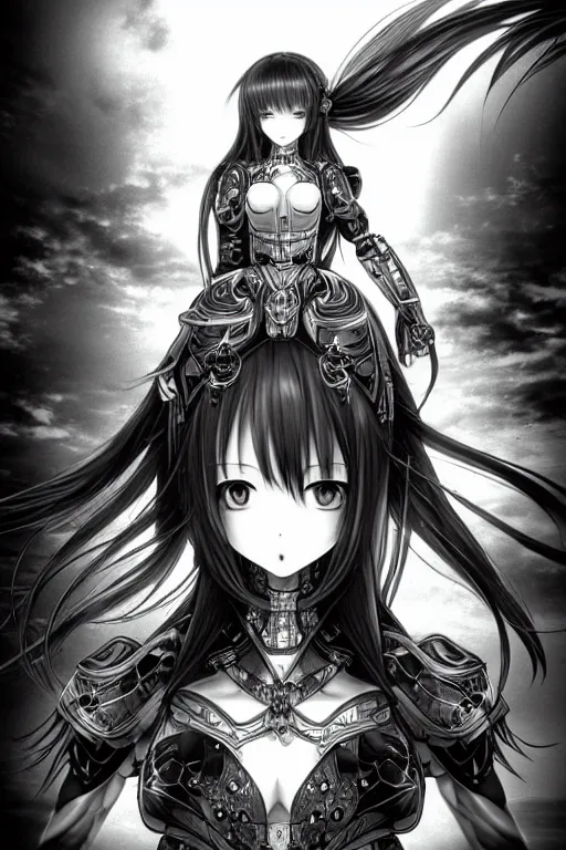 Image similar to a vertical portrait of a character in a scenic environment by Yoshitaka Amano, black and white, dreamy, cybernetic armor, wavy long black hair, highly detailed