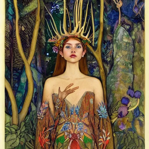 Image similar to queen of the forest wearing an antler crown, by Annie Swynnerton and Nicholas Roerich and (((Tino Rodriguez))), embroidered robes, floral tattoos, bioluminescent skin!, elaborate costume, geometric ornament, symbolist, soft colors, dramatic lighting, smooth, sharp focus, extremely detailed