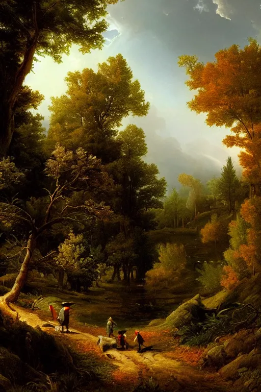 Image similar to asher brown durand oil painting on canvas of over the garden wall background concept art, scenery, woods, extreme detail, dark and mysterious lighting