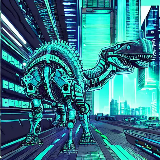 Image similar to beautiful detailed comic illustration, mecha dinosaur fractals, cyberpunk, neon