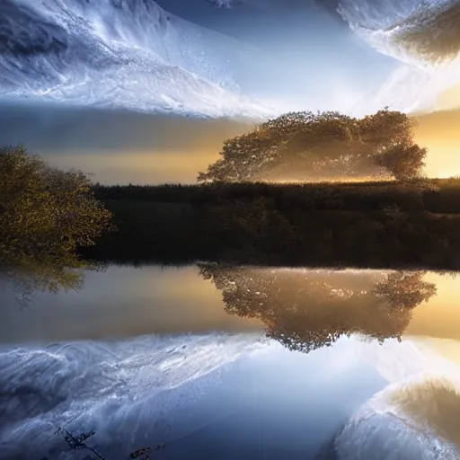 Image similar to Extremely detailed photo-realistic reflections of A Beautiful organic super structure emerging from crepuscular rays by erik johansson