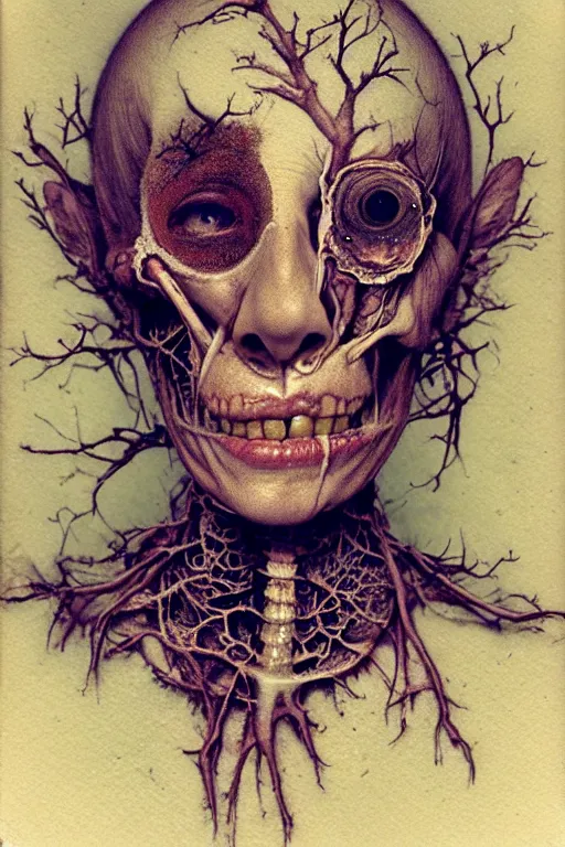 Image similar to an old polaroid photography of a very sad and detailed rotten woman corpse with fractal ornate growing around her face muscles, veins, arteries, bones, anatomical, skull, eye, ears, intricate, surreal, ray caesar, john constable, guy denning, dan hillier