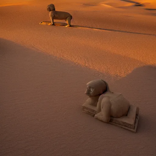 Image similar to wide angle shot of two sphinxes, one on each side, looking down on an adventurer, dusty desert, dramatic light, god rays, dreamlike