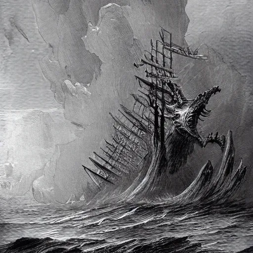 Image similar to giant sea dragon attacking a ship, by gustave dore