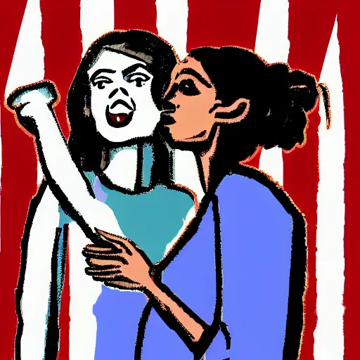 Image similar to lady liberty making out with alexandria ocasio - cortez at a bar, digital art, 8 k