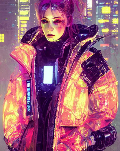 Image similar to detailed portrait Neon Operator Girl cyberpunk futuristic neon Reflective puffy coat, decorated with traditional japanese ornaments by ismail inceoglu dragan bibin hans thoma greg rutkowski Alexandros Pyromallis Nekro Rene Margitte illustrated Perfect face, fine details, realistic shaded, fine-face, pretty face