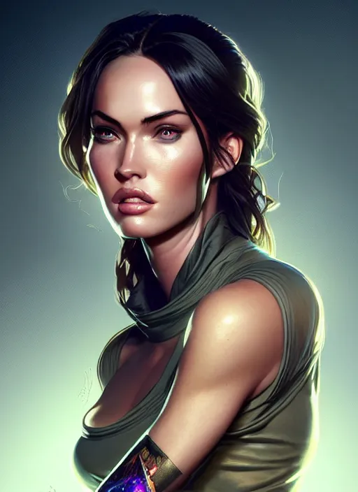 Image similar to portrait of apex legends megan fox, intricate, elegant, glowing lights, highly detailed, digital painting, artstation, glamor pose, concept art, smooth, sharp focus, illustration, art by artgerm and greg rutkowski, artey freytag