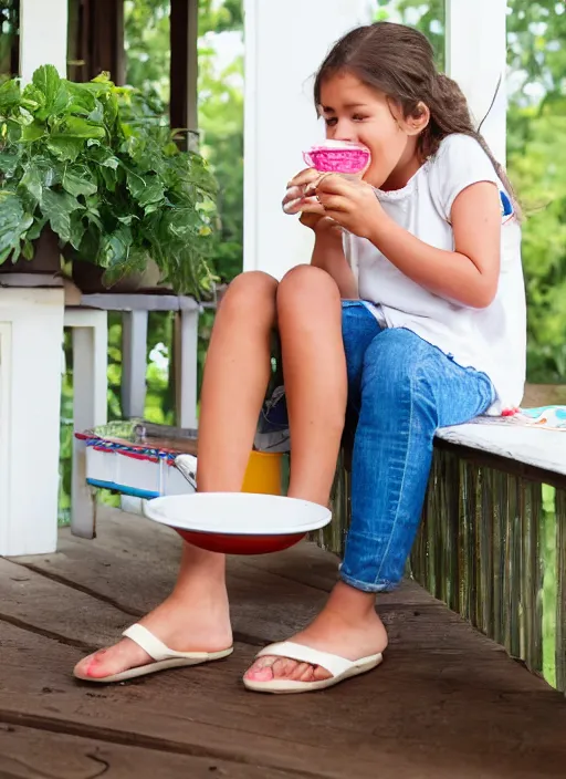 Image similar to girl sitting on porch eating porridge