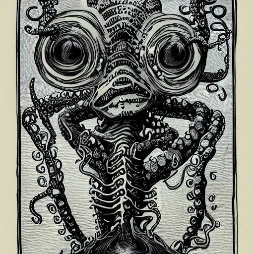 Image similar to cute portrait of alien full body with tentacles on his feet many eyes on his face with his ship destroyed