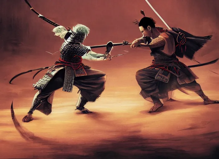 Prompt: a samurai clashes swords with an arabic god creature, digital painting masterpiece, advanced lighting technology, hyperrealistic intense cinematic detail, beautiful, gorgeous, intricate brush strokes, 4 k wallpaper, inspired by sword of the berserk, realistic anatomy and faces, by frank frazetta and moebius