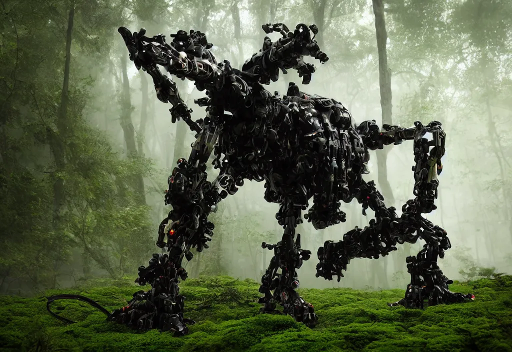 Image similar to quadruped tiger shaped mech, with black synthetic muscles, sinew, clean, simple plastic components, minimalist, product design, modern, in a colourful mossy humid jungle, weta workshop, cinematic, realistic, stylised, unreal engine, hyper realistic, octane render, fog, god rays, bloom,