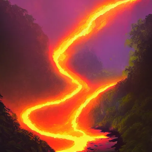 Prompt: A lava river flowing through the amazon jungle, anato finnstark, artstation, dramatic