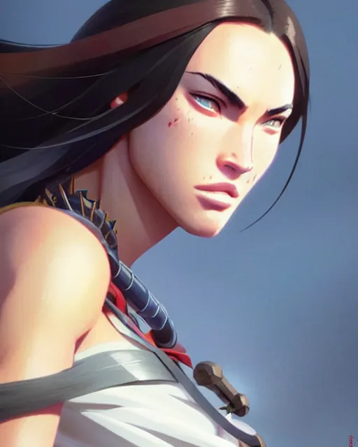 Image similar to azctec warrior, megan fox, detailed perfect face, exquisite details, fire magic, mid view, design on a white background, by studio muti, greg rutkowski makoto shinkai takashi takeuchi studio ghibli