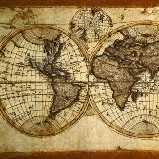 Prompt: world map drawn by Leonardo da Vinci