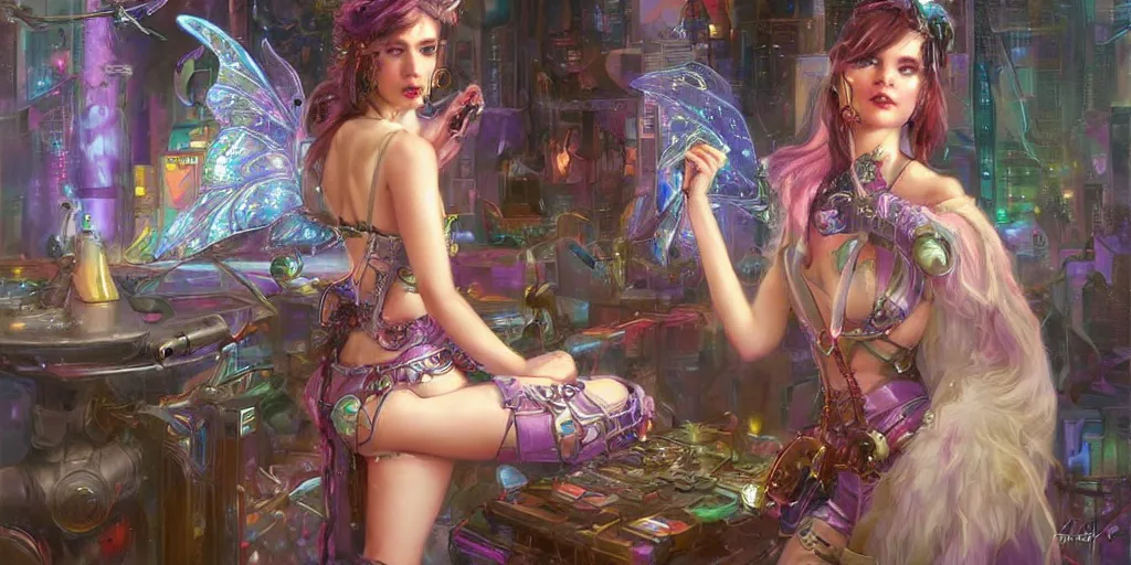 Image similar to cyberpunk fairycore. By Konstantin Razumov, highly detailed