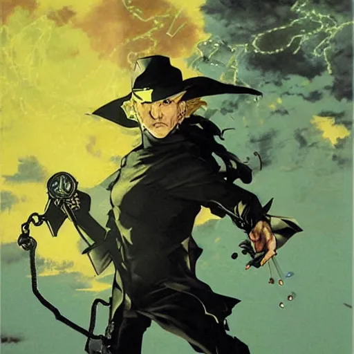 Image similar to portrait of the hacker magician in a dramatic jojo pose tarot card, oil on canvas by yoji shinkawa and esao andrews and raoul ruiz